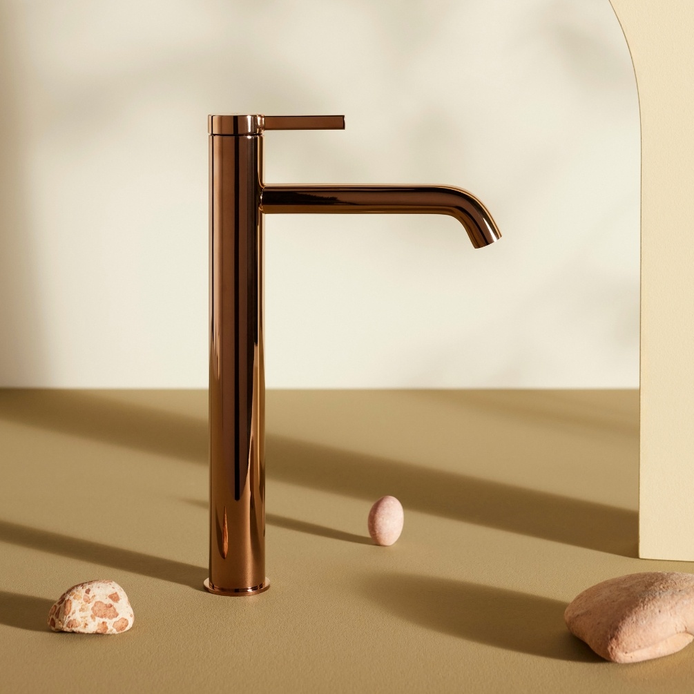 Lifestyle image of the Roca Ona Rose Gold Tall Basin Mixer Tap with Click-Clack Waste